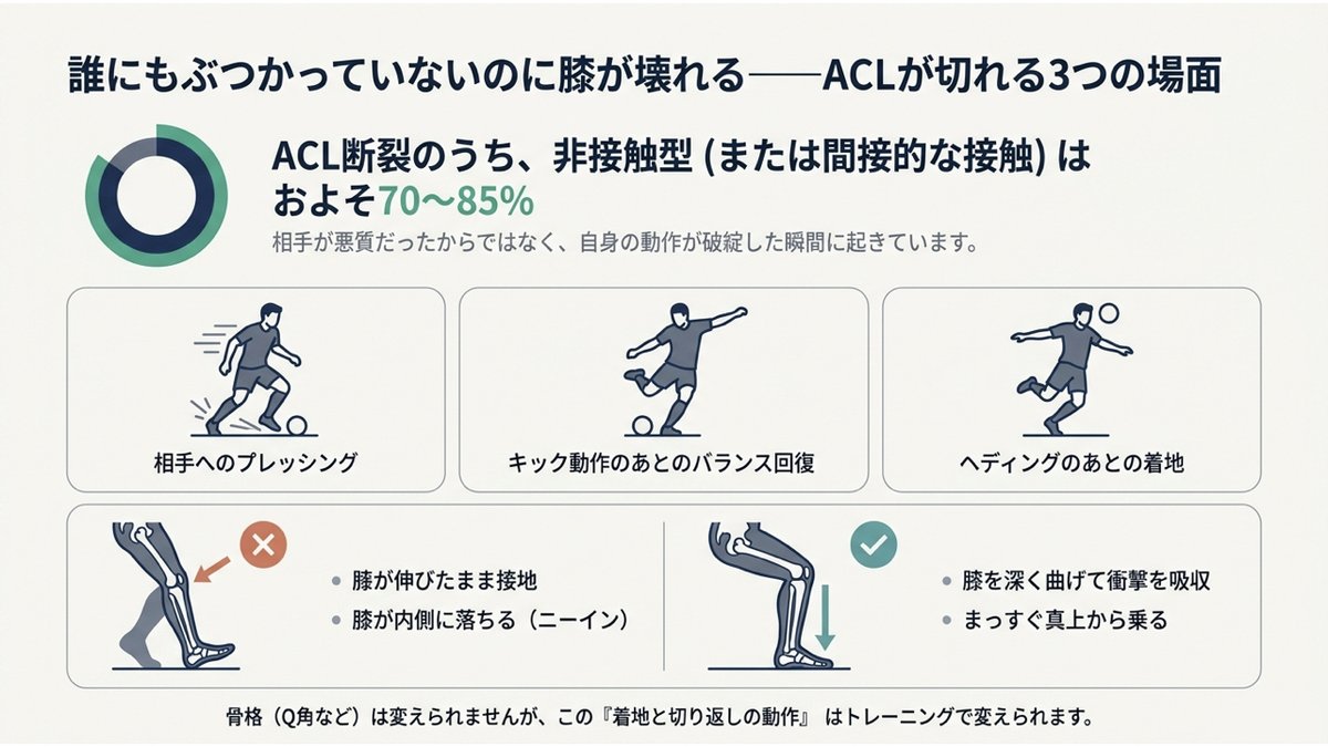 ACLが切れる3つの場面を示す図。ACL断裂のうち非接触型または間接的な接触はおよそ70〜85%を占め、相手が悪質だったからではなく自身の動作が破綻した瞬間に起きている。危険な場面は相手へのプレッシング、キック動作のあとのバランス回復、ヘディングのあとの着地の3つ。共通するのは膝が伸びたまま接地し膝が内側に落ちること（ニーイン）で、膝を深く曲げてまっすぐ真上から乗る着地が安全