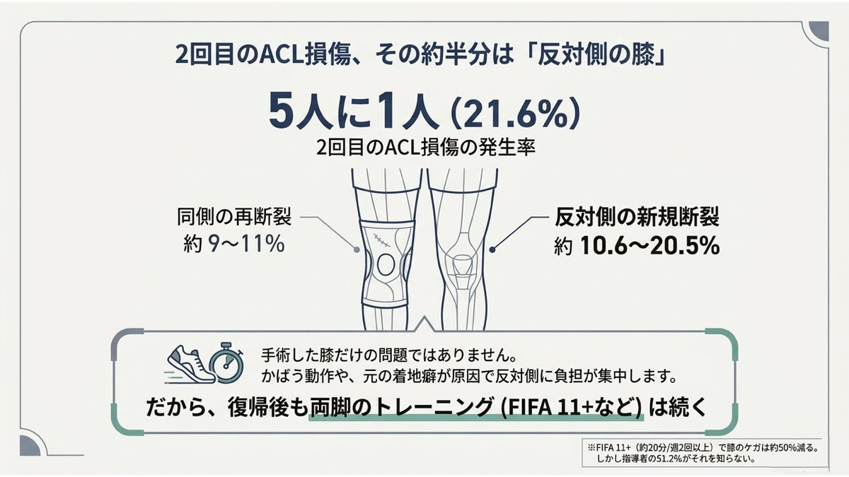 2回目のACL損傷の内訳を示す図。発生率は5人に1人（21.6%）で、そのうち手術した側の移植腱の再断裂が約9〜11%、反対側の健康だった膝の新規断裂が約10.6〜20.5%を占める。かばう動作や元の着地の癖が原因で反対側に負担が集中するため、復帰後も両脚のトレーニングを続ける必要がある。FIFA 11+を週2回以上で膝のケガは約50%減るが、指導者の51.2%がそれを知らない