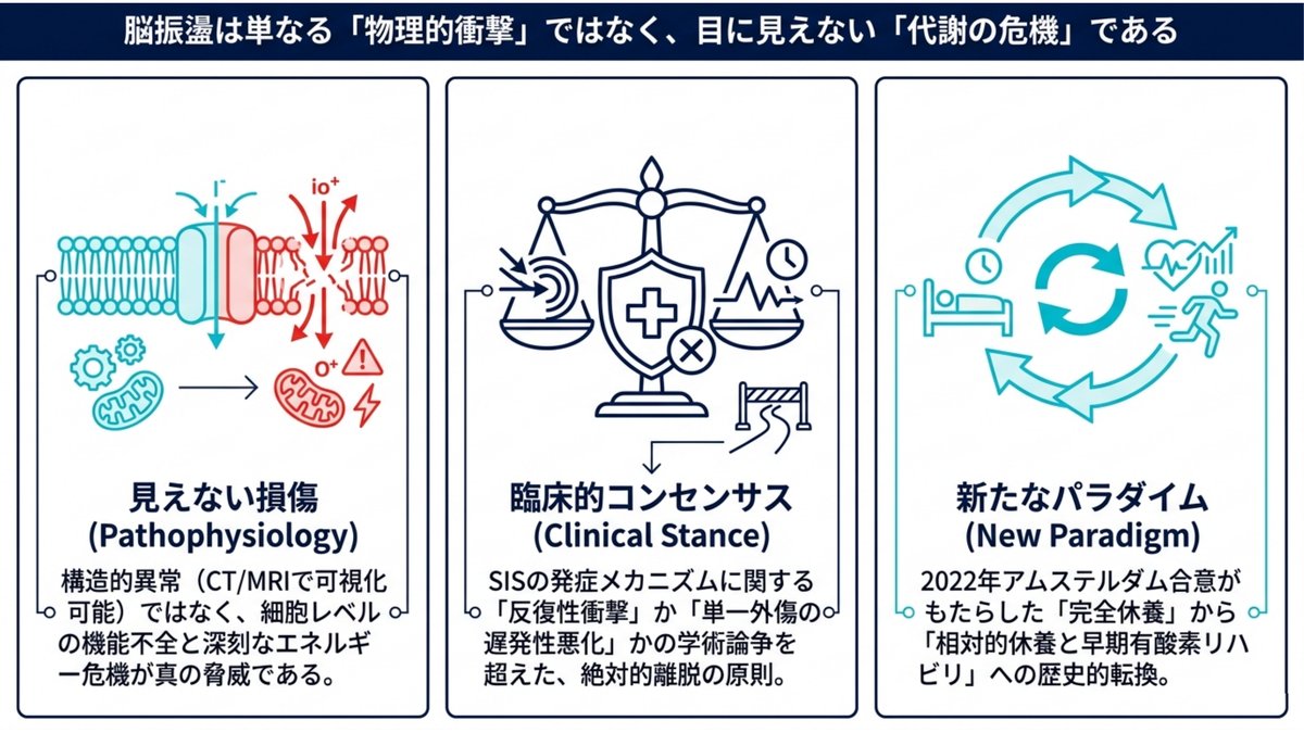 脳震盪は物理的な衝撃ではなく目に見えない代謝の危機であることを3枠で示した図。左は「見えない損傷」＝CTやMRIで可視化できる構造的異常ではなく細胞レベルの機能不全とエネルギー危機が本体であること、中央は「臨床的コンセンサス」＝発症メカニズムの学術論争を超えた絶対的離脱の原則、右は「新たなパラダイム」＝2022年アムステルダム合意による完全休養から相対的休養と早期有酸素リハビリへの転換。