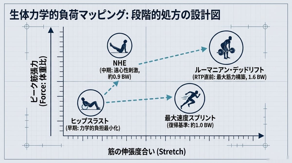 リハビリ種目の生体力学的負荷マッピング。ヒップスラストは早期で力学的負担が最小、ノルディックハムストリングは中期で約0.9BW、最大速度スプリントは復帰基準で約1.0BW、ルーマニアンデッドリフトは復帰直前で1.6BWと最大