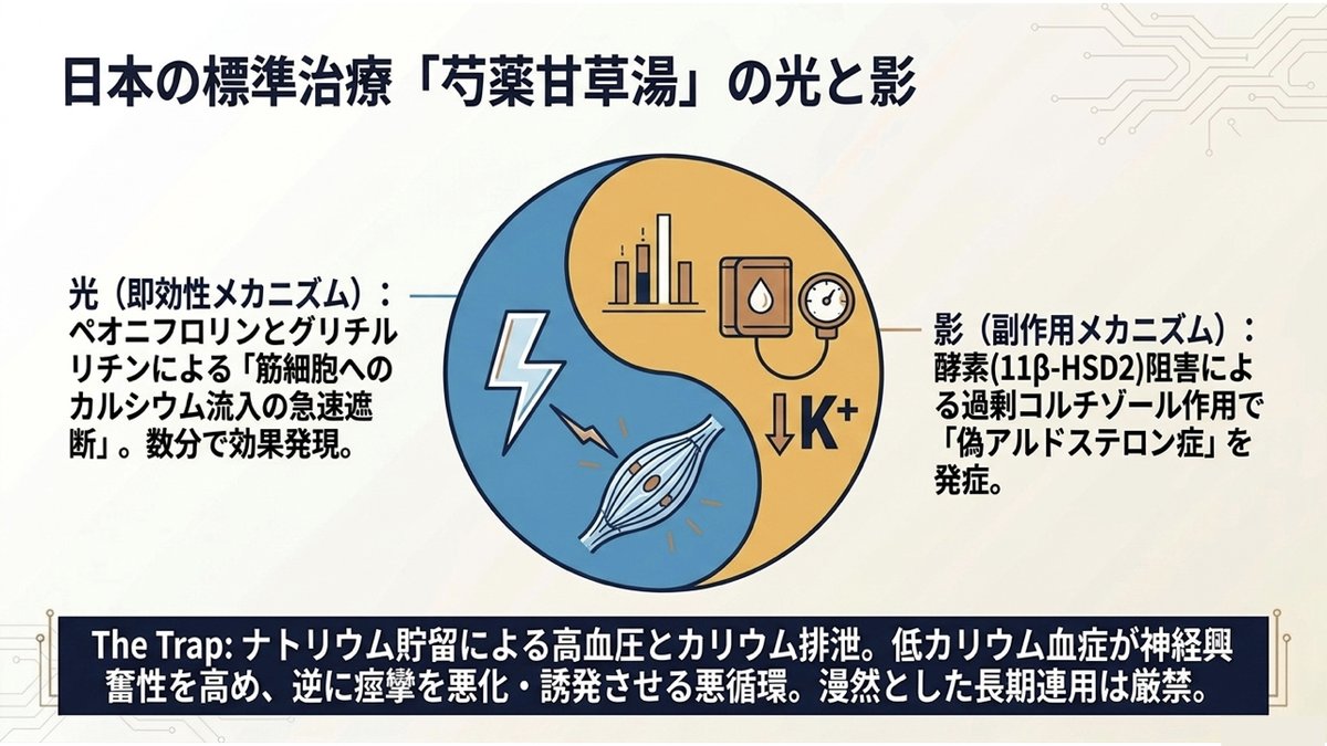 芍薬甘草湯の効果と副作用を対比した図。効果はペオニフロリンとグリチルリチンによる筋細胞へのカルシウム流入の急速遮断で数分のうちに発現する一方、グリチルリチンが酵素11β-HSD2を阻害して偽アルドステロン症を起こし、ナトリウム貯留による高血圧とカリウムの過剰排泄を招く。低カリウム血症が神経の興奮性を高めて逆に痙攣を悪化・誘発させる悪循環に陥るため、漫然とした長期連用は避ける