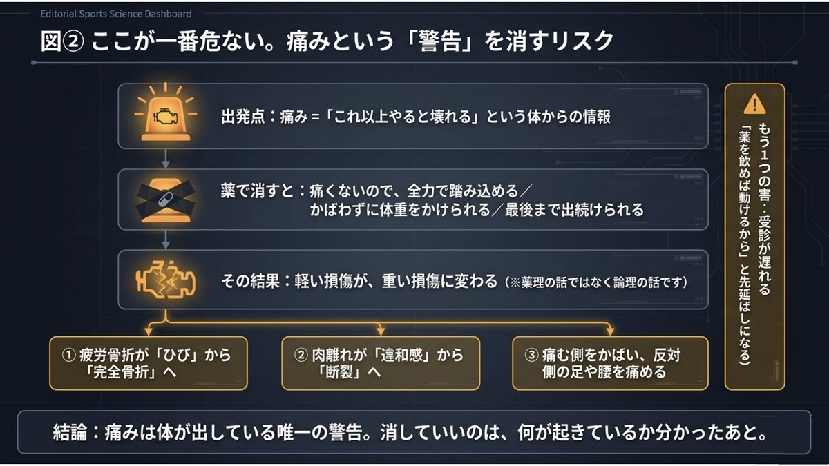 痛み止めで痛みという警告を消したときに起きることの流れ図。出発点は痛みが「これ以上やると壊れる」という体からの情報であること。薬で消すと、痛くないので全力で踏み込める・かばわずに体重をかけられる・最後まで出続けられる。その結果、軽い損傷が重い損傷に変わる。具体例は疲労骨折がひびから完全骨折へ、肉離れが違和感から断裂へ、痛む側をかばって反対側の足や腰を痛める。もう1つの害として受診が遅れることがある