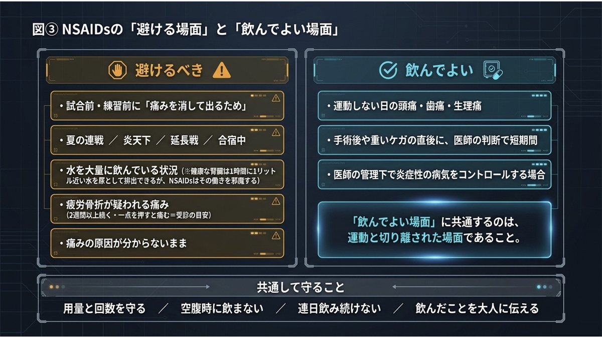 NSAIDsを避けるべき場面と飲んでよい場面の対比表。避けるべきは、試合前・練習前に痛みを消して出るため、夏の連戦や炎天下や延長戦や合宿中、水を大量に飲んでいる状況、疲労骨折が疑われる痛み（2週間以上続く・一点を押すと痛む）、痛みの原因が分からないまま。飲んでよいのは、運動しない日の頭痛・歯痛・生理痛、手術後や重いケガの直後に医師の判断で短期間、医師の管理下で炎症性の病気をコントロールする場合。共通して守ることは用量と回数を守る、空腹時に飲まない、連日飲み続けない、飲んだことを大人に伝える