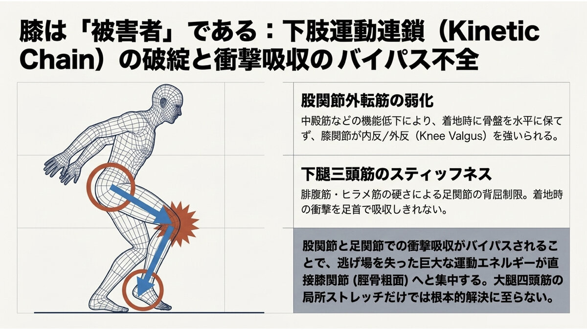 膝は下肢運動連鎖の破綻の被害者であることを示す図。股関節外転筋（中殿筋など）が弱化すると着地時に骨盤を水平に保てず膝が内反・外反を強いられ、腓腹筋・ヒラメ筋の硬さによる足関節の背屈制限で着地の衝撃を足首で吸収できず、逃げ場を失った運動エネルギーが脛骨粗面に集中する。大腿四頭筋の局所ストレッチだけでは根本的解決に至らない
