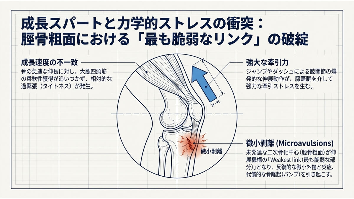 オスグッド病の発症メカニズム。骨の急速な伸長に大腿四頭筋の柔軟性獲得が追いつかず相対的なタイトネスが発生し、ジャンプやダッシュの爆発的な伸展動作が膝蓋腱を介して脛骨粗面に強大な牽引力を生む。未発達な二次骨化中心である脛骨粗面が伸展機構の最も脆弱な部分となり、反復する微小外傷と炎症、代償的な骨隆起（バンプ）を引き起こす