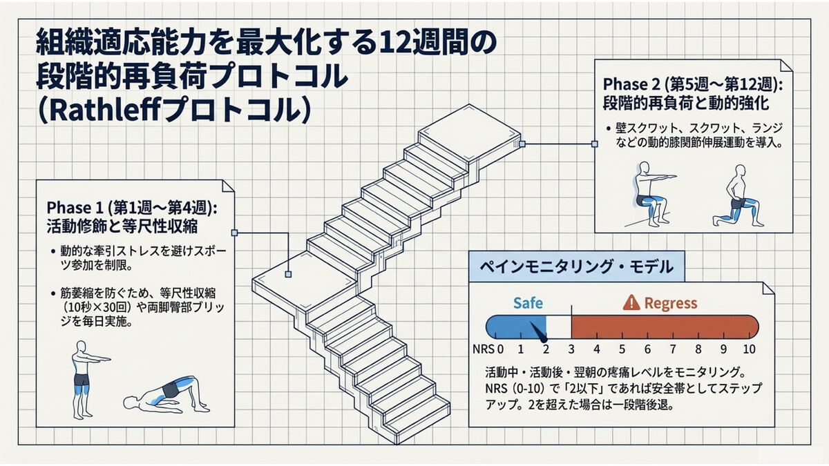 Rathleffプロトコルの12週間の段階的再負荷プログラム。第1〜4週は活動修飾と等尺性収縮（10秒×30回の保持運動や両脚臀部ブリッジを毎日）、第5〜12週は壁スクワット・スクワット・ランジなど動的な膝伸展運動へ段階的に移行。痛みは0〜10のスケールでモニタリングし、2以下なら安全帯としてステップアップ、2を超えたら一段階後退する