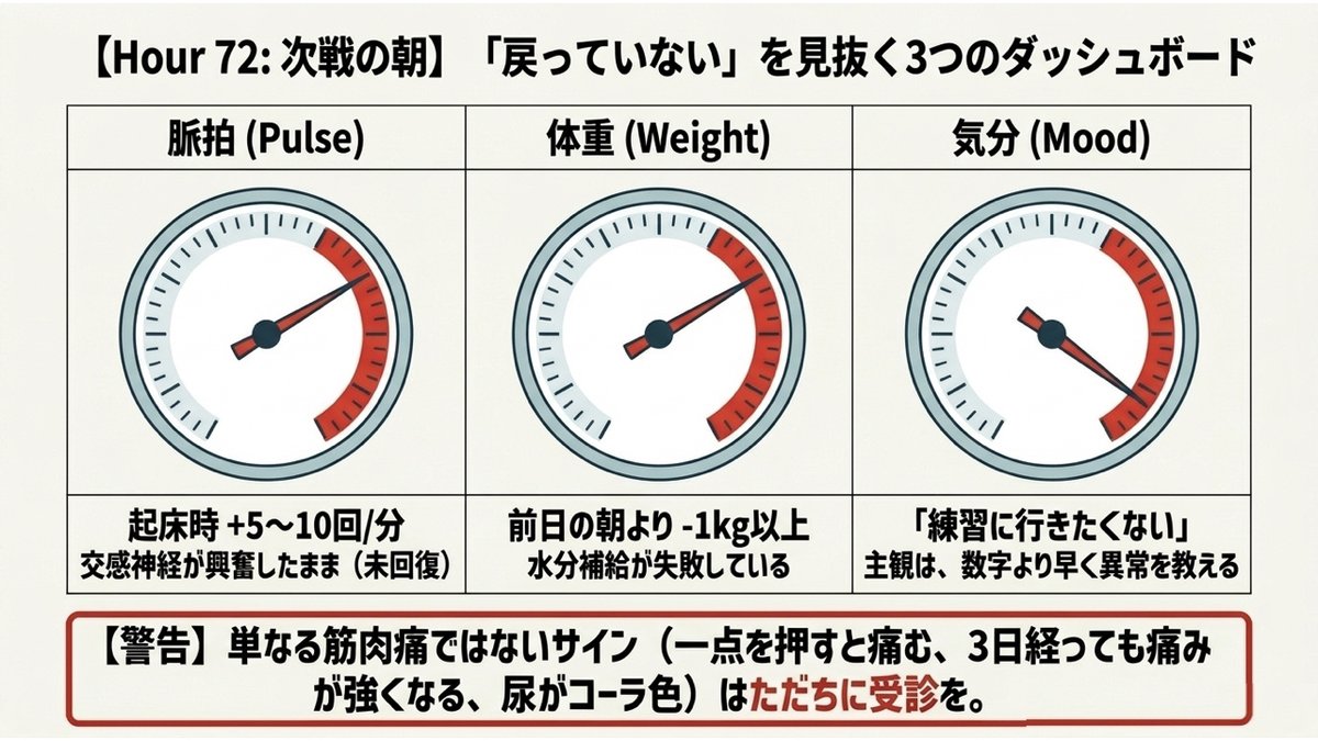 次戦の朝に「戻っていない」を見抜く3つのチェックを示す図。起床時の脈拍が普段より1分あたり5〜10回多ければ交感神経が興奮したままで未回復、体重が前日の朝より1kg以上減っていれば水分補給が失敗している、「練習に行きたくない」が続けば主観が数字より早く異常を教えている。一点を押すと痛む・3日経っても痛みが強くなる・尿がコーラ色は単なる筋肉痛ではないサインで、ただちに受診が必要
