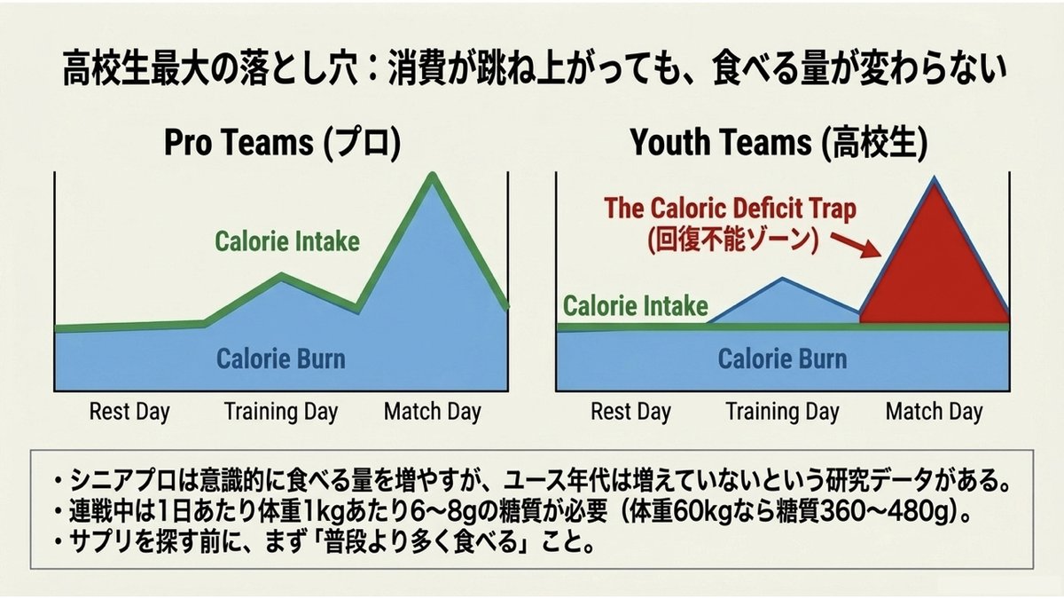 プロと高校生のエネルギー収支を比べた図。シニアのプロ選手は試合日に合わせて摂取カロリーを意識的に増やすのに対し、ユース年代は消費が跳ね上がっても摂取量が変わらず、試合日に大きな不足が生じる。連戦中は1日あたり体重1kgあたり6〜8gの糖質が必要で、体重60kgなら360〜480gにあたる